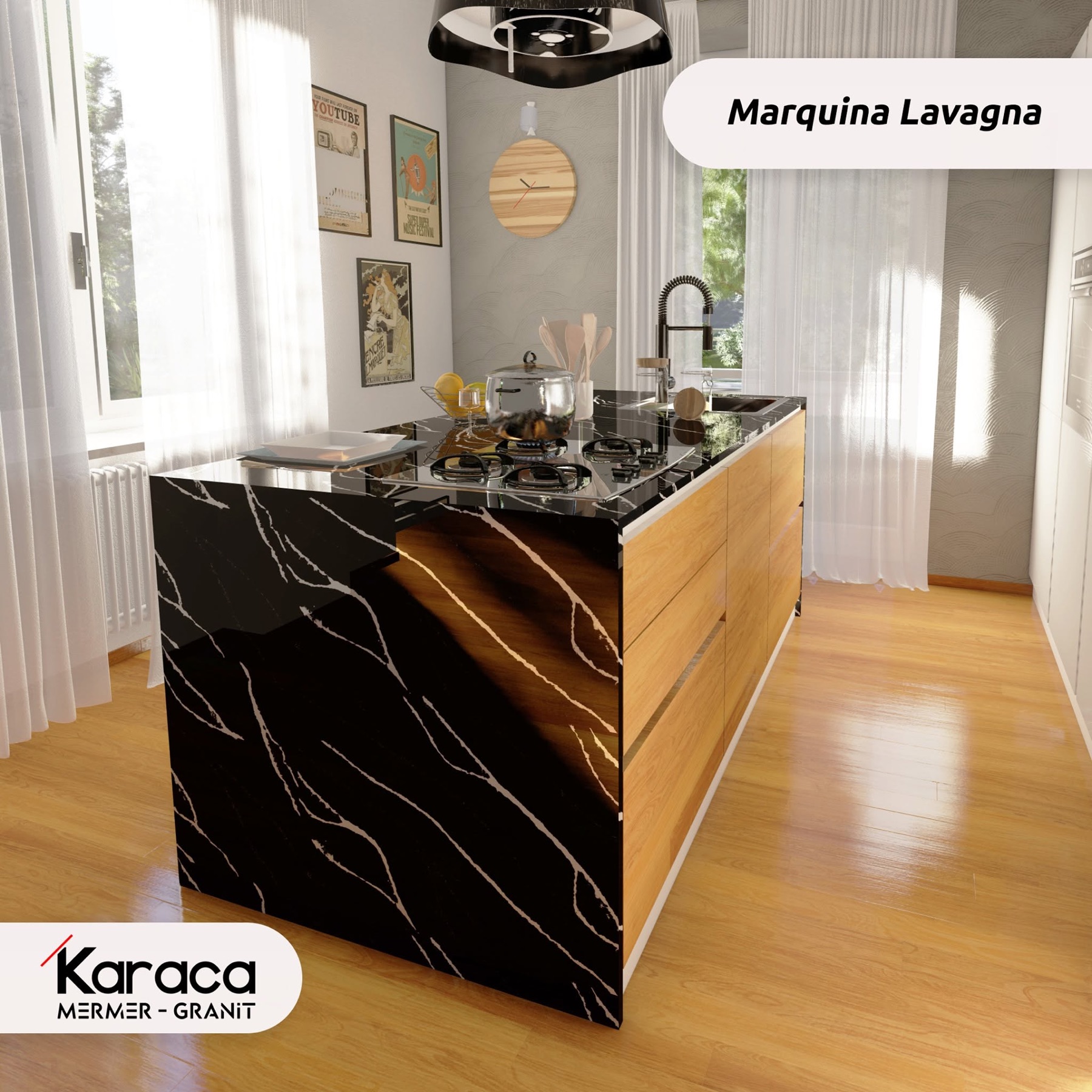 Karaca Mermer Granit Marquina Lavagna mutfak adası uygulaması